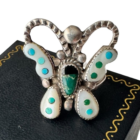 Native American Sterling Silver Butterfly Ring Size 7 Turquoise Mother of Pearl - Picture 2 of 8